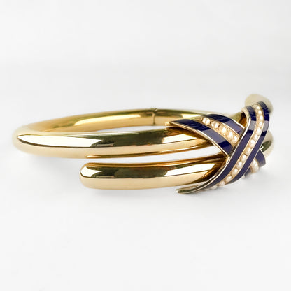 Victorian Antique Blue Enamel Pearl Gold Bangle Bracelet