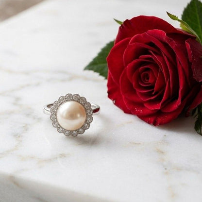 Edwardian 12 MM. Mabe Split Pearl 1.60 Ct Diamond Engagement Ring