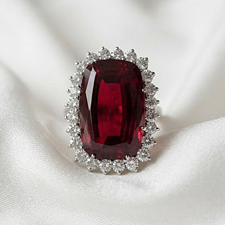 Vintage 25ct Rubellite and Diamond Cluster Cocktail Ring
