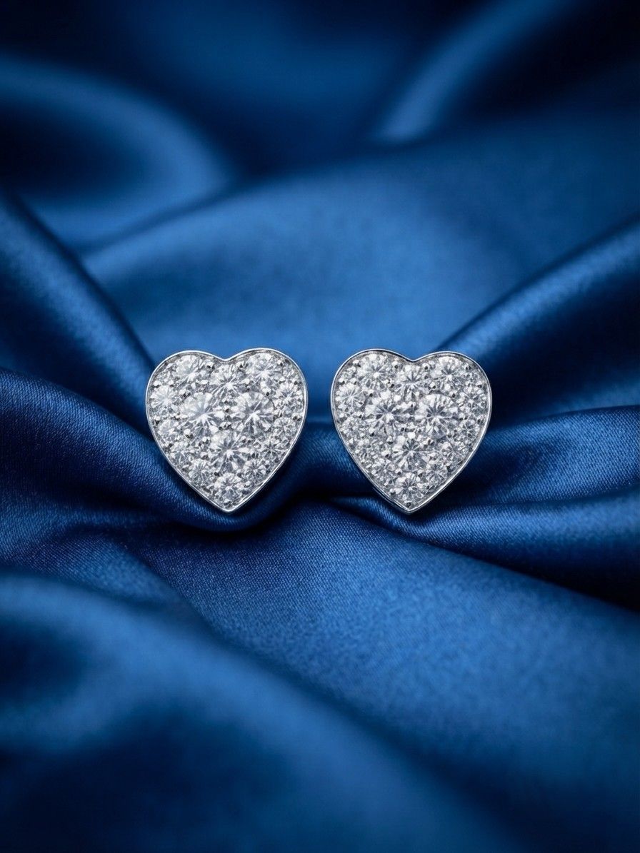 Diamond Heart Stud Earrings, 1.80 Ct Diamond F- G VVS
