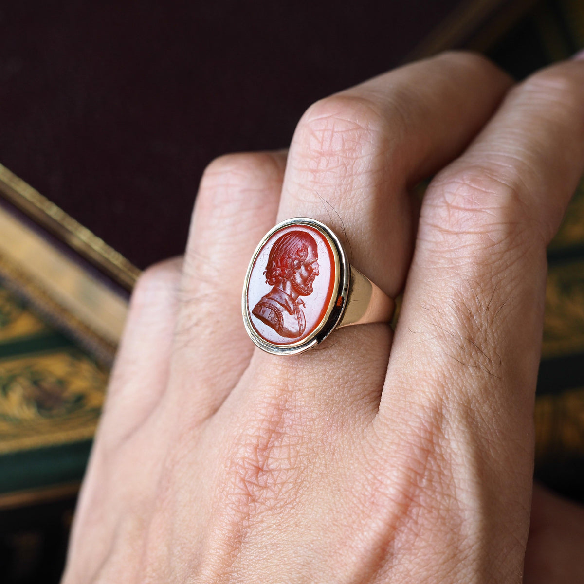 Antique 18K Gold Carnelian Intaglio Ring, Side Profile Gentleman - 19th century.