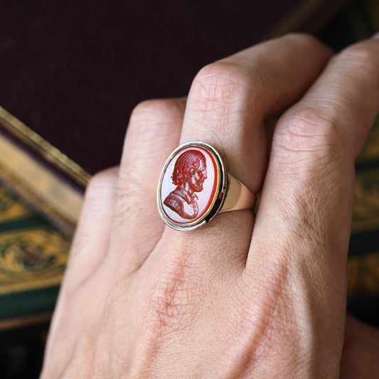 Antique 18K Gold Carnelian Intaglio Ring, Side Profile Gentleman - 19th century.