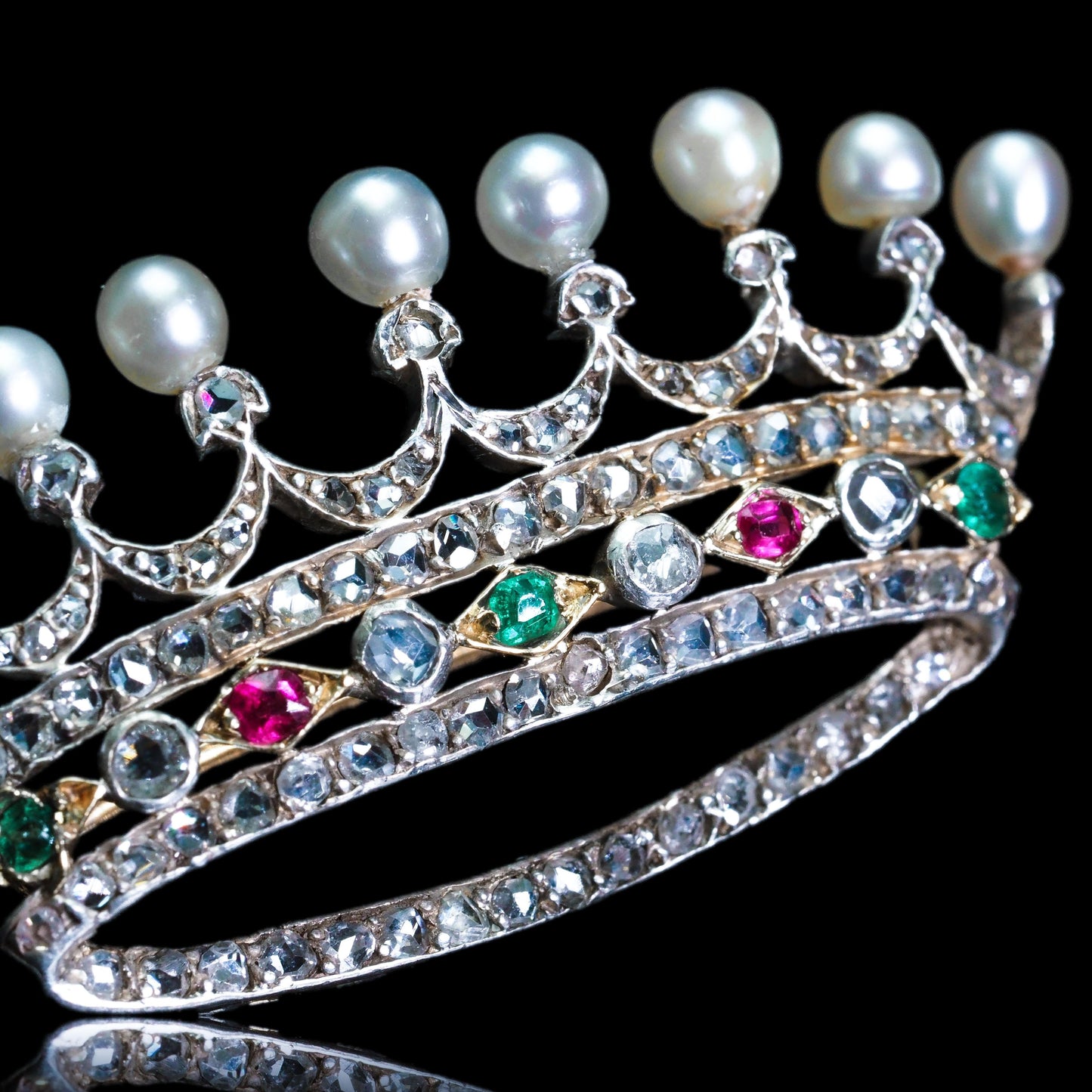 Antique French Ruby, Emerald, Diamond Pearl Crown Coronet Brooch 18K Gold c.1900