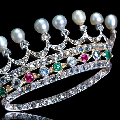 Antique French Ruby, Emerald, Diamond Pearl Crown Coronet Brooch 18K Gold c.1900