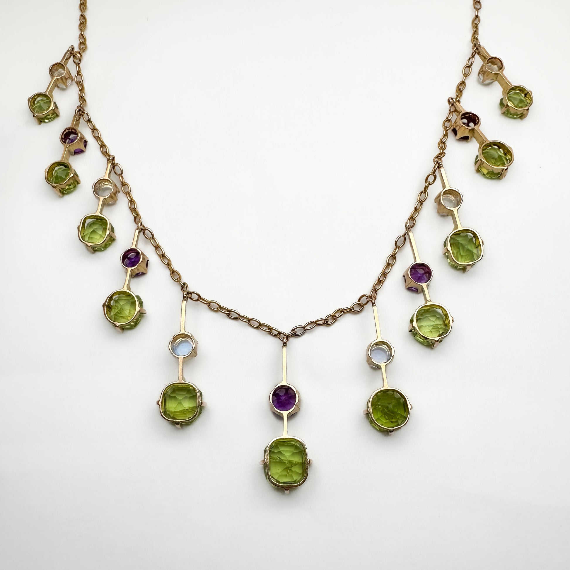 Arts and Crafts Antique Suffragette Fringe Necklace with Peridot Amethyst Moonstone