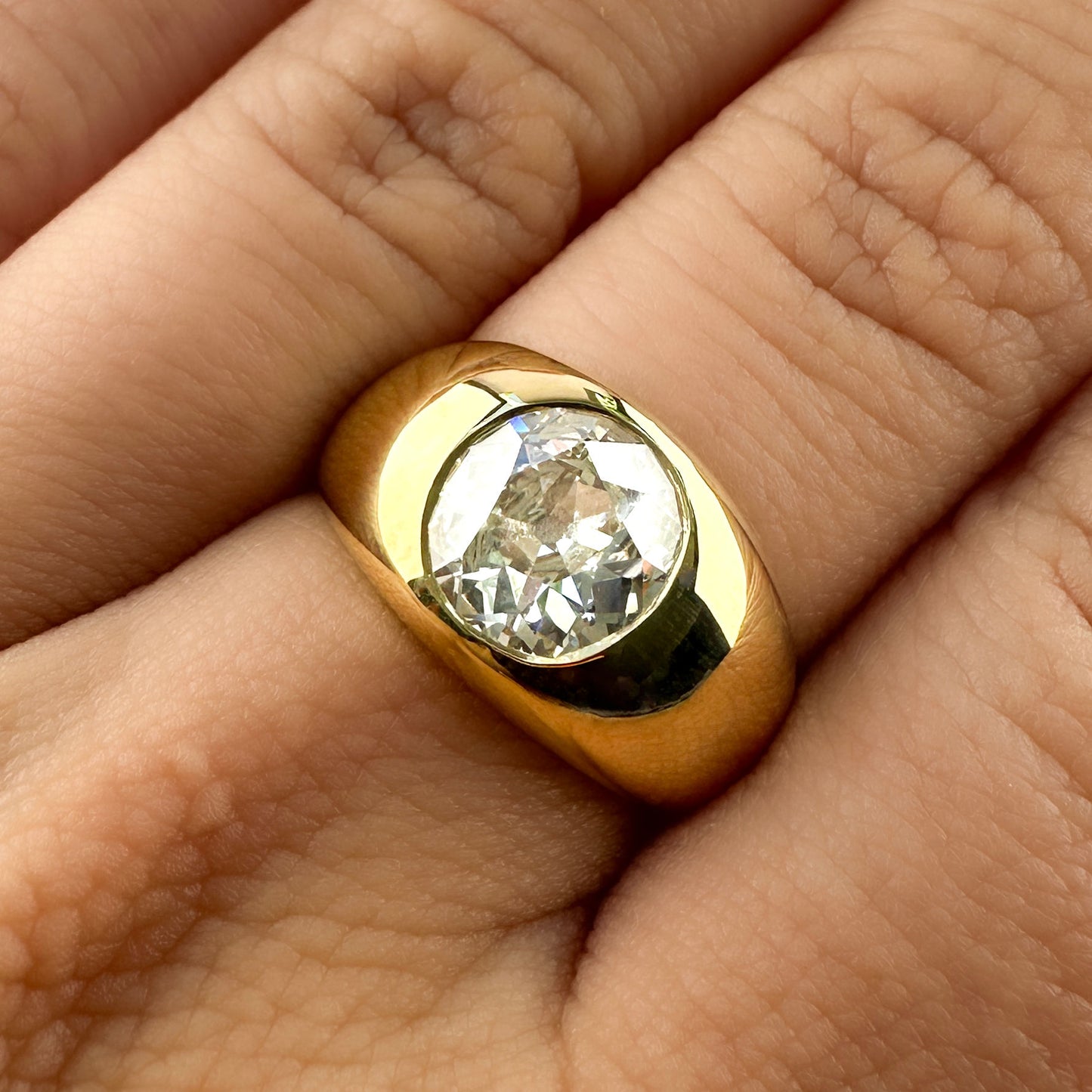 Victorian Antique Single Stone 2.16ct Old Mine Cut Diamond Solitaire Gypsy Ring in Contemporary Mount