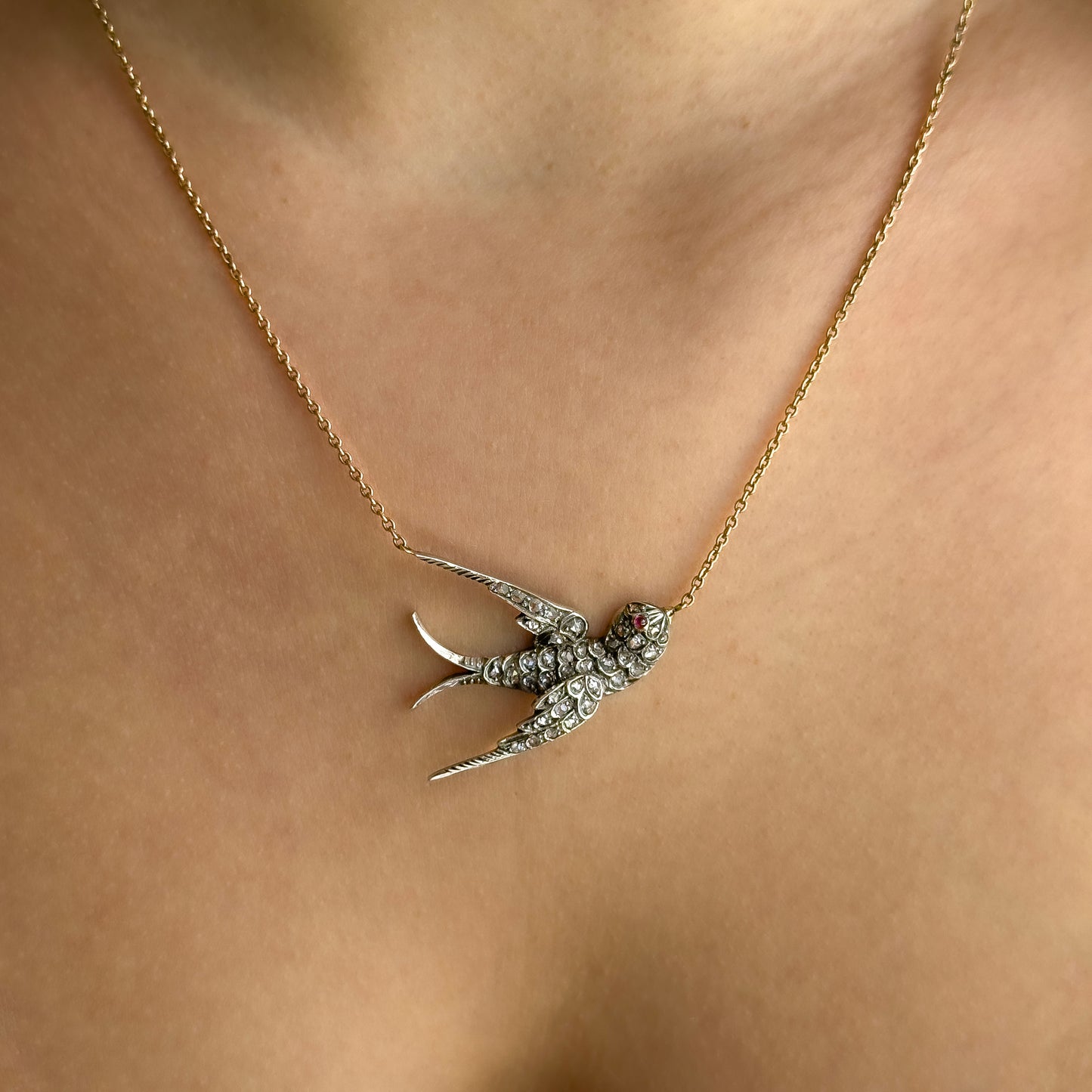 Victorian Antique Diamond Set Swallow Pendant Necklace