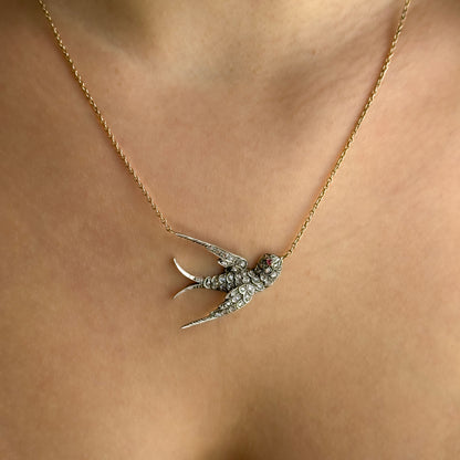 Victorian Antique Diamond Set Swallow Pendant Necklace