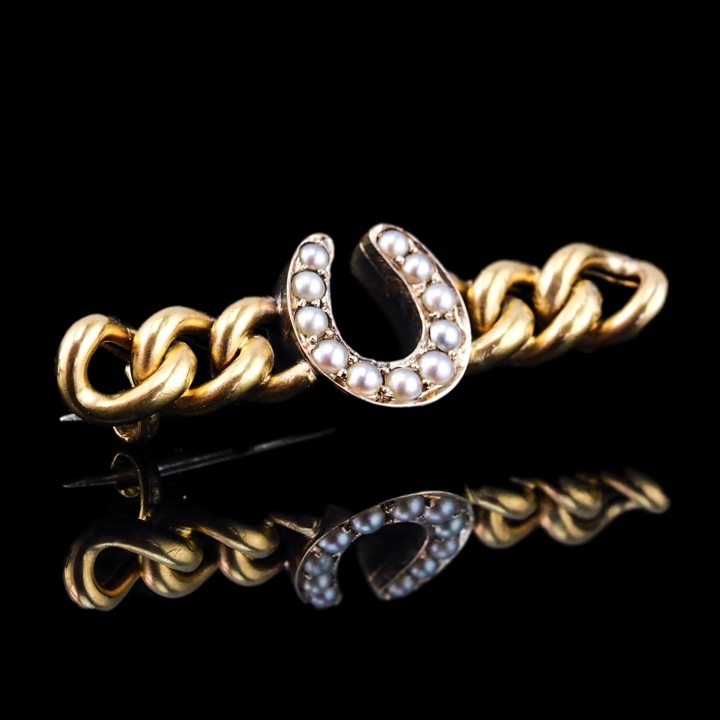 Antique Victorian Horseshoe Pearl Brooch 15K Gold - c.1900