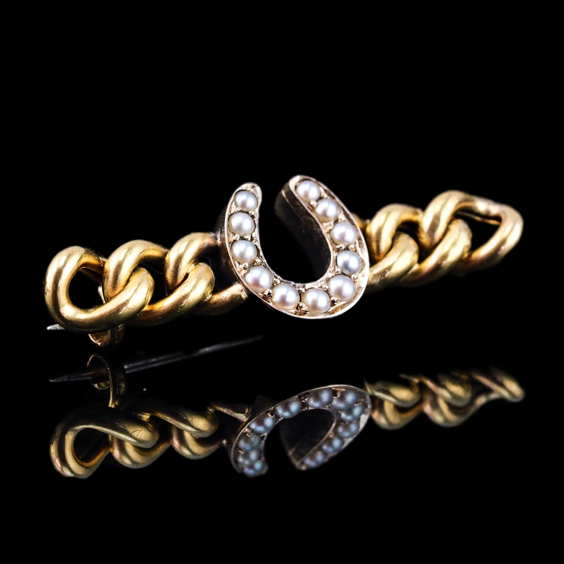 Antique Victorian Horseshoe Pearl Brooch 15K Gold - c.1900