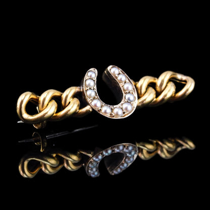 Antique Victorian Horseshoe Pearl Brooch 15K Gold - c.1900
