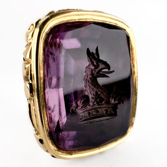 Victorian Amethyst Griffin Intaglio 15ct Gold Crown Heraldic Seal