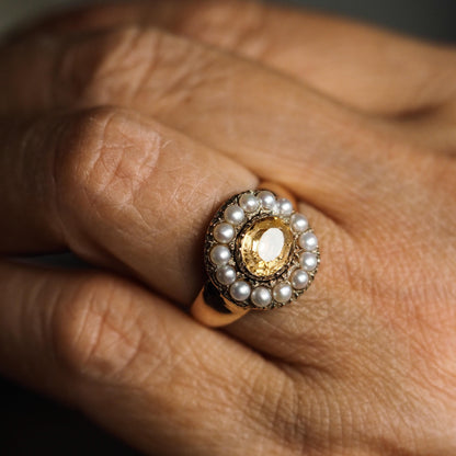Georgian Antique Citrine and Pearl Cluster Ring