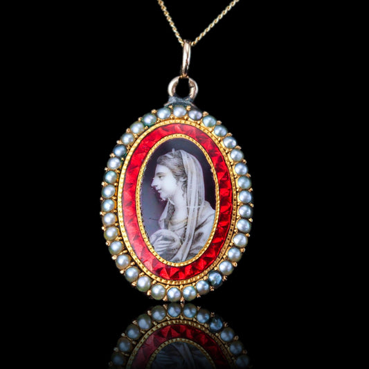 Georgian Antique Sepia Portrait Pendant Necklace with Red Enamel and Pearls, Circa 1800