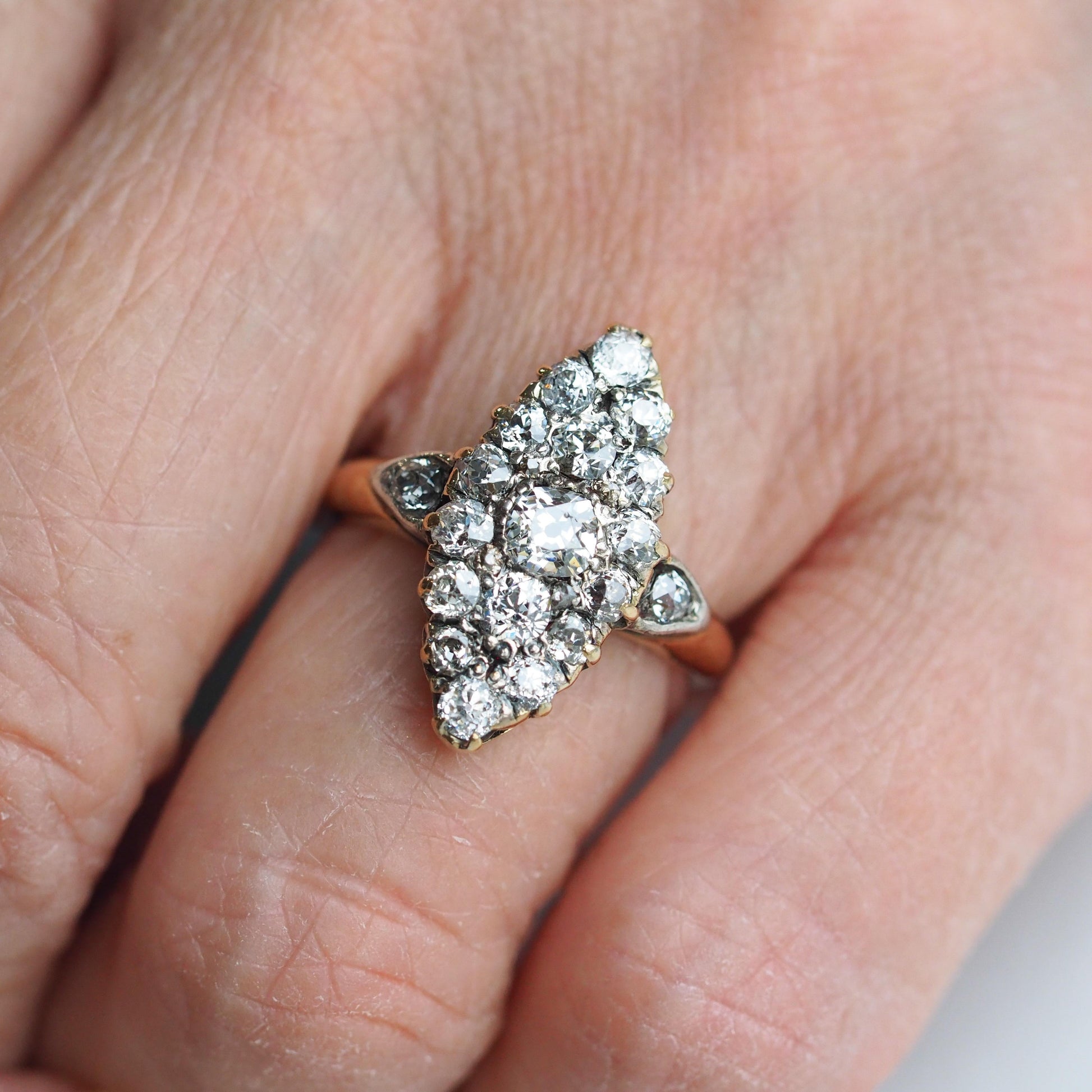 Antique Victorian Diamond Ring Navette Design Over 1 Carat Total - circa 1890