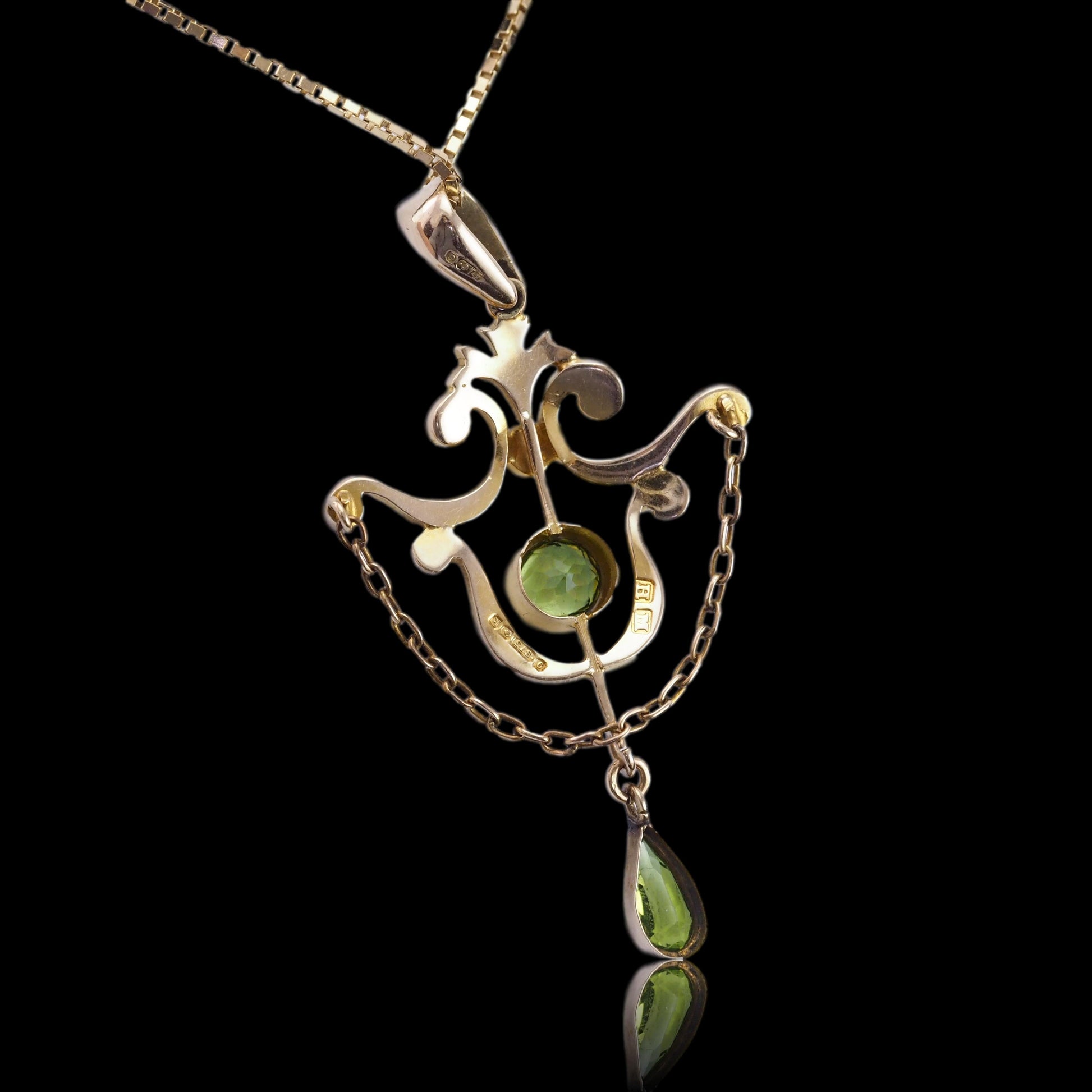 Antique Edwardian Peridot and Seed Pearl Pendant Necklace 9ct Gold - 1909