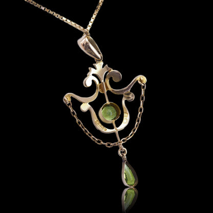 Antique Edwardian Peridot and Seed Pearl Pendant Necklace 9ct Gold - 1909