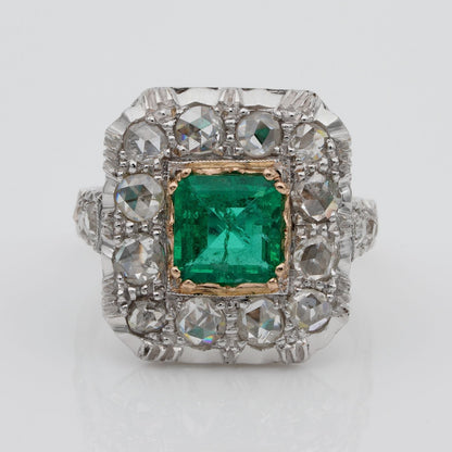 Art Deco 1.30ct Colombian Emerald and 2.40ct Rose Cut Diamond Cluster Ring
