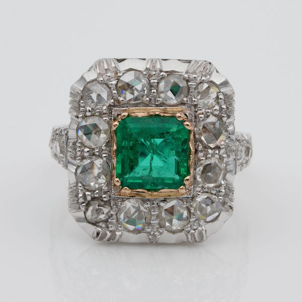 Art Deco 1.30ct Colombian Emerald and 2.40ct Rose Cut Diamond Cluster Ring