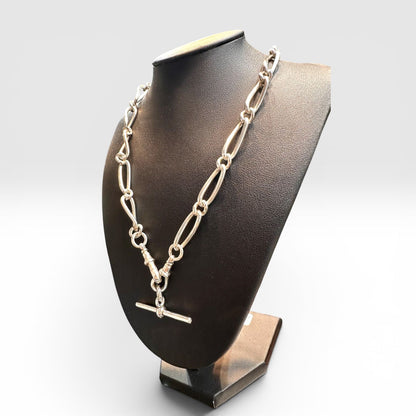 Victorian Antique Trombone Link Silver Albert Chain Necklace, Circa 1892