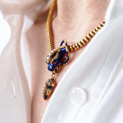 Victorian Antique Gold Snake Serpent Necklace with Diamond Pearl and Blue Enamel, Circa 1860