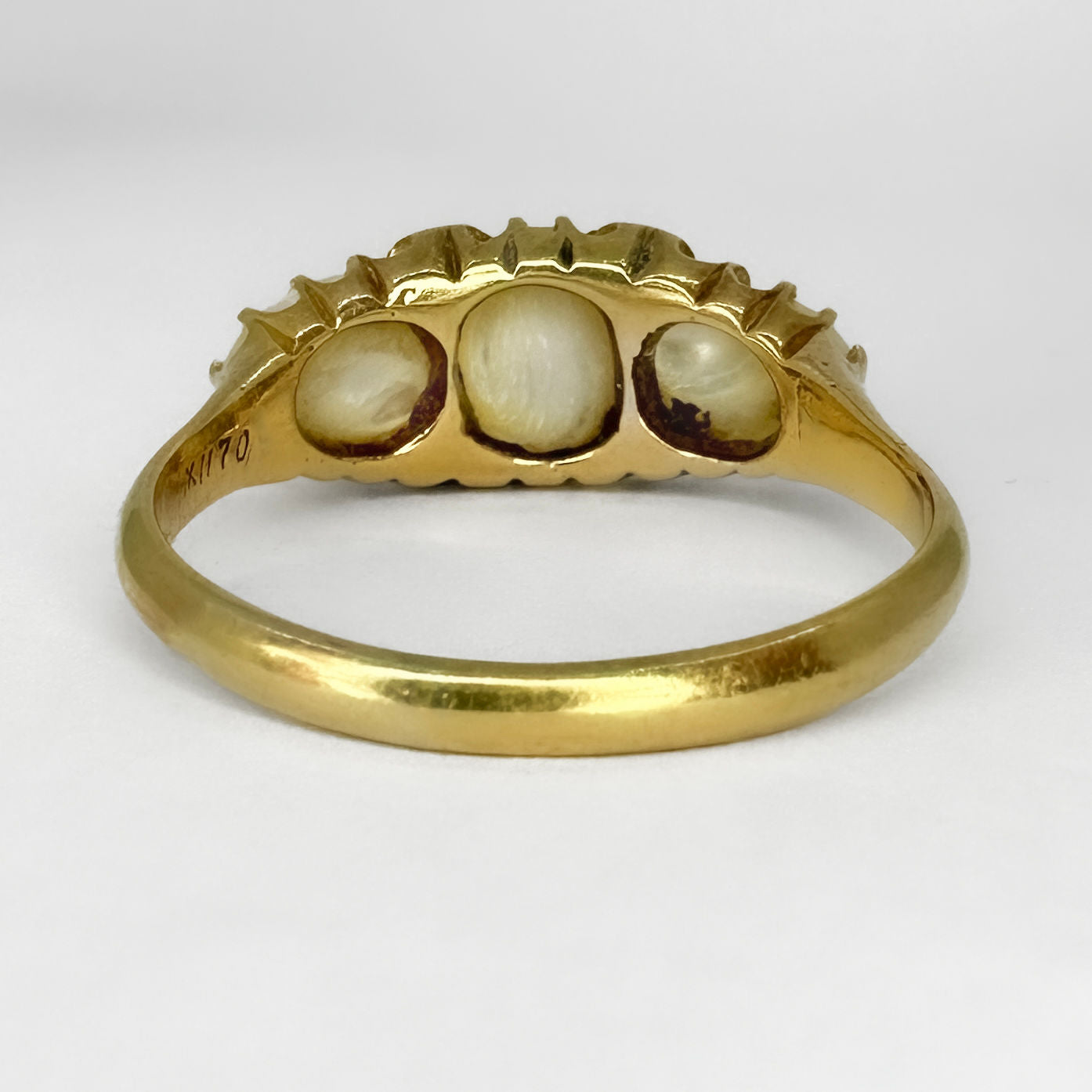 Victorian Antique Natural Pearl Three Stone Ring with Diamonds