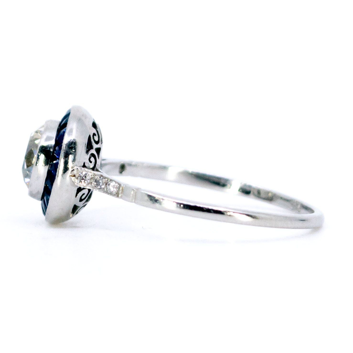 1ct Old European Cut Diamond and Sapphire Halo Target Cluster Ring in Platinum