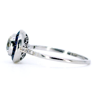 1ct Old European Cut Diamond and Sapphire Halo Target Cluster Ring in Platinum