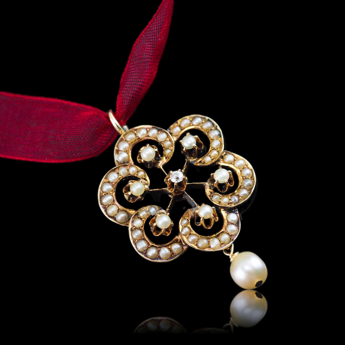 Antique Victorian Diamond & Pearl Pendant Necklace 14K Gold - c.1900