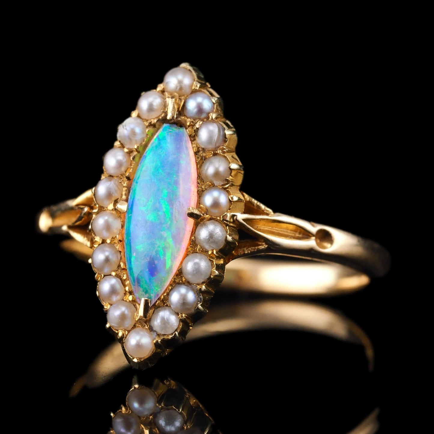 Antique Victorian Opal and Pearl Marquise Cluster Ring