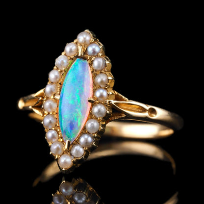 Antique Victorian Opal and Pearl Marquise Cluster Ring