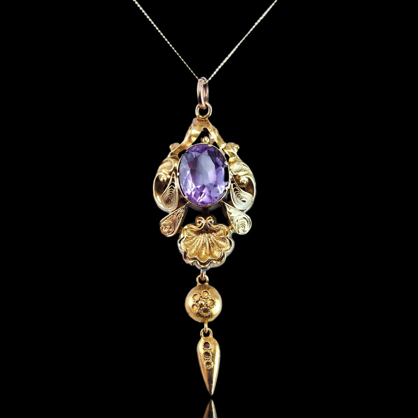Antique Victorian Amethyst Pendant Necklace 14K Gold - 19th c.