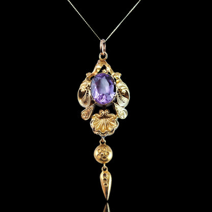 Antique Victorian Amethyst Pendant Necklace 14K Gold - 19th c.