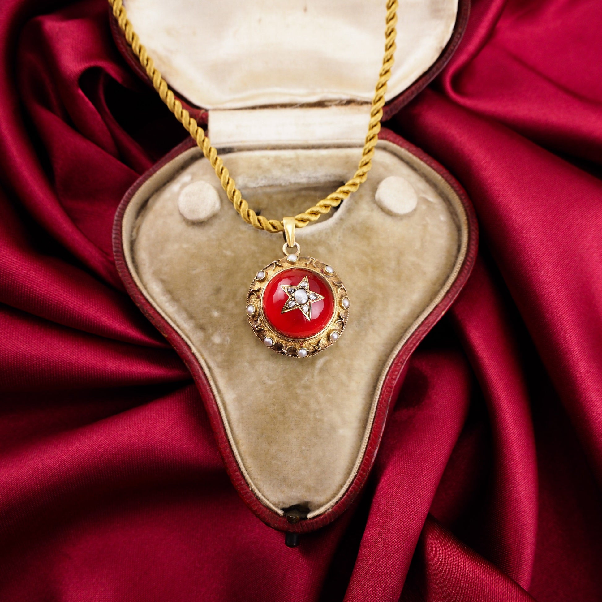Antique Victorian Diamond & Pearl Star Necklace with Red Rock Crystal Cabochon 15ct Gold - c.1880