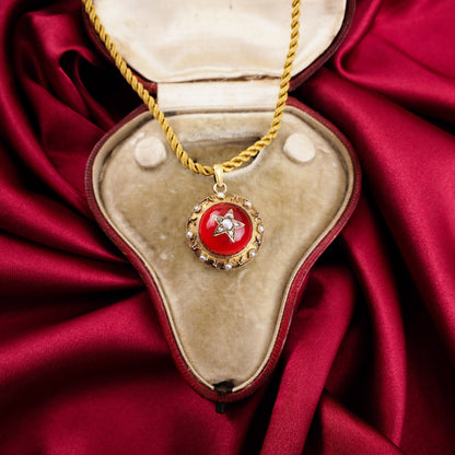 Antique Victorian Diamond & Pearl Star Necklace with Red Rock Crystal Cabochon 15ct Gold - c.1880