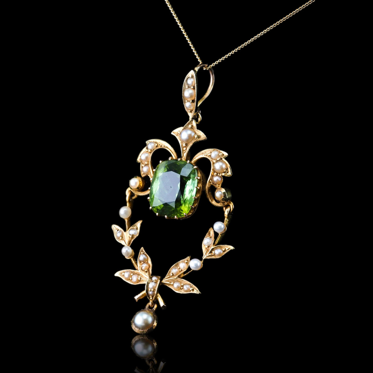 Antique Victorian Peridot Pendant Necklace, Pearls 14K Gold Original Box c.1890