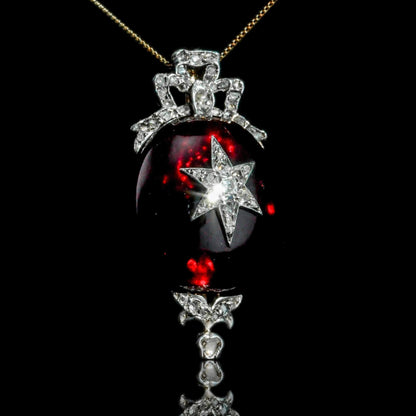 Victorian Antique Garnet and Diamond Star Cabochon Pendant come Brooch