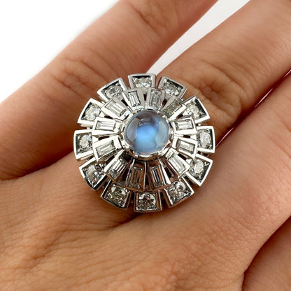 Vintage 1960s Moonstone and Diamond Cluster Cocktail Ring in Platinum
