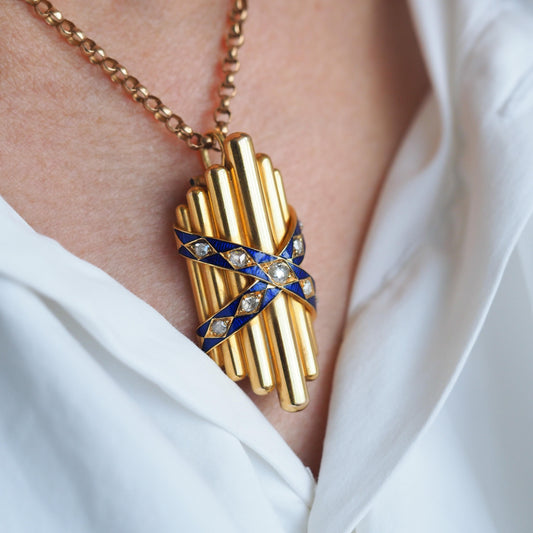 Antique Victorian 18 Carat Gold Rose Cut Diamond And Blue Enamel Pendant - circa 1880