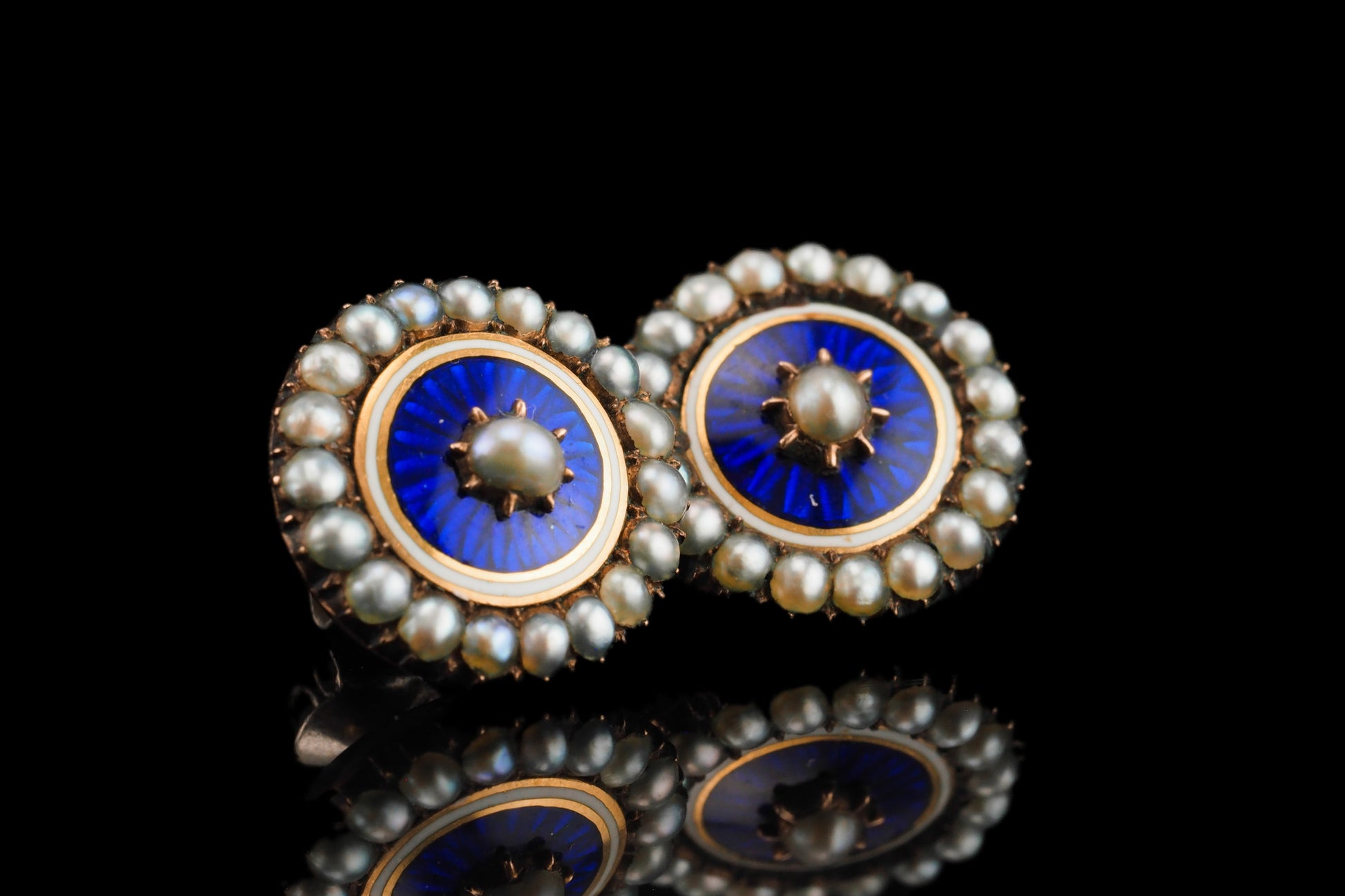 Antique Georgian Gold Earrings with Blue Enamel Guilloche and Seed Pearl Cluster 'Target' Design - c.1800