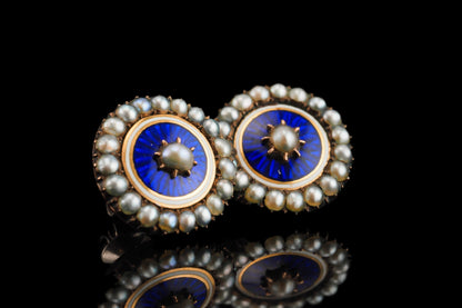 Antique Georgian Gold Earrings with Blue Enamel Guilloche and Seed Pearl Cluster 'Target' Design - c.1800