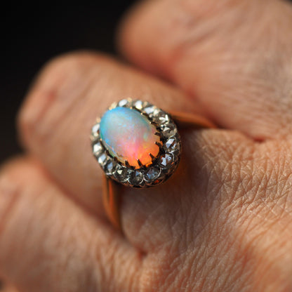 Victorian Antique Opal and Diamond Cluster Engagement Ring