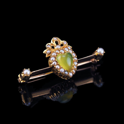 Antique Victorian Chalcedony Brooch with Seed Pearls 15ct Gold Heart Shaped Cabochon - c.1890