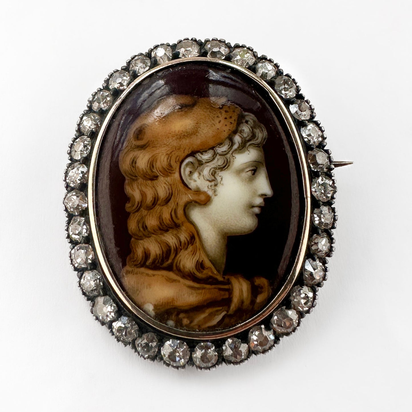 Victorian Antique Old Cut Diamond and Enamel Hercules Portrait Brooch