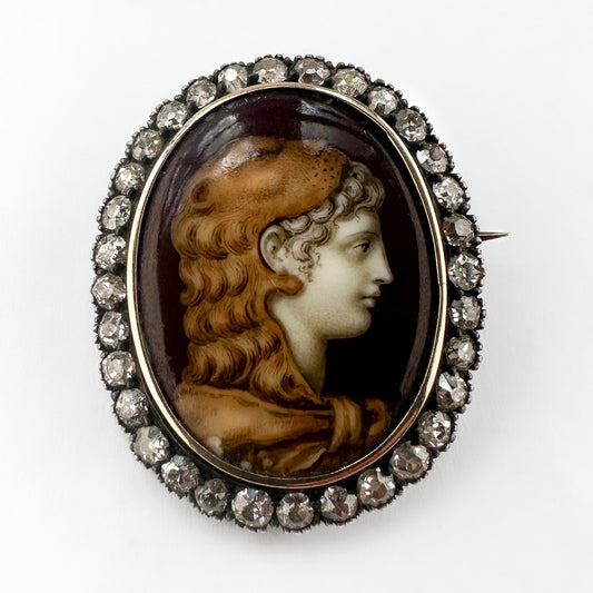Victorian Antique Old Cut Diamond and Enamel Hercules Portrait Brooch