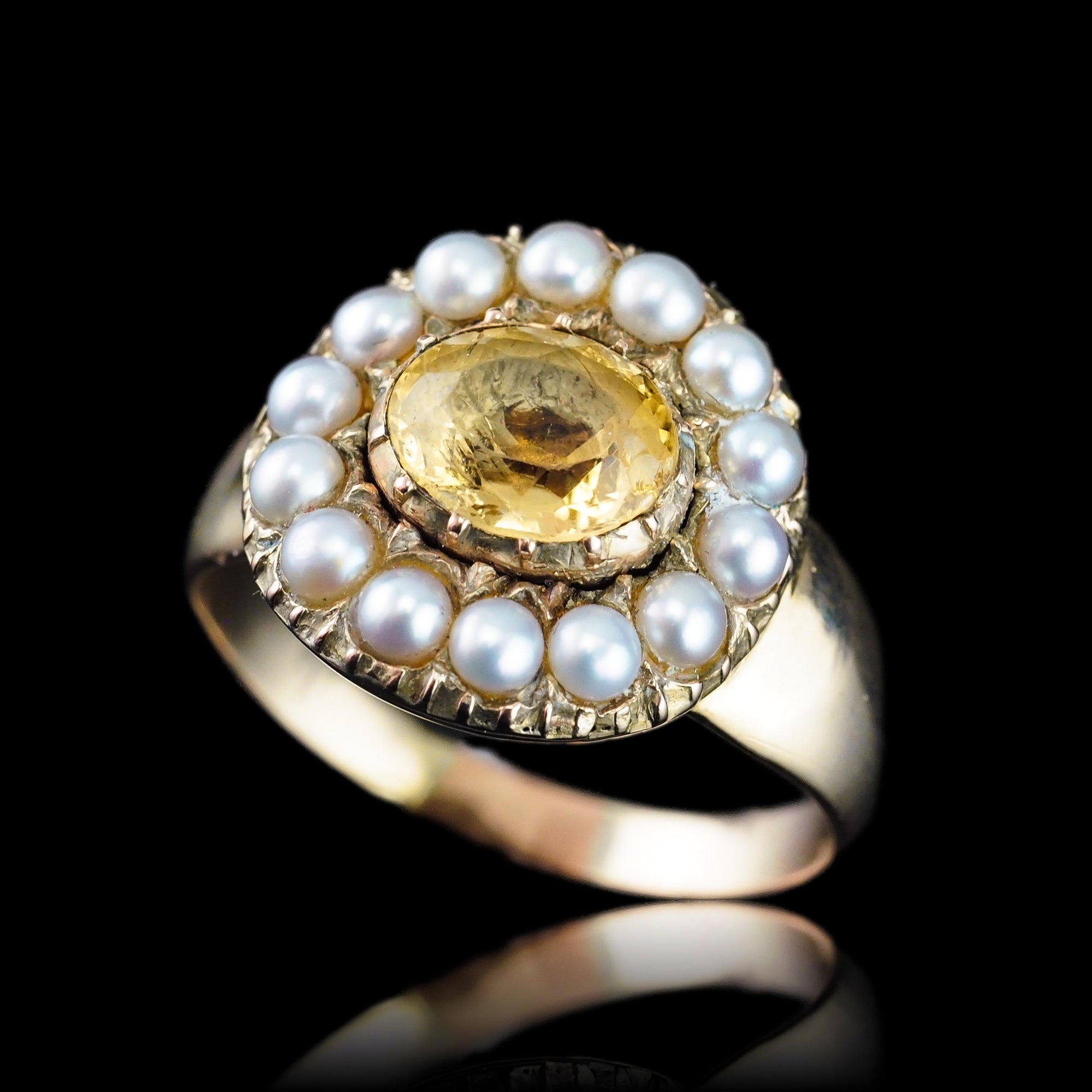 Antique Georgian Citrine & Pearl Cluster Ring 14K Gold - c.1800