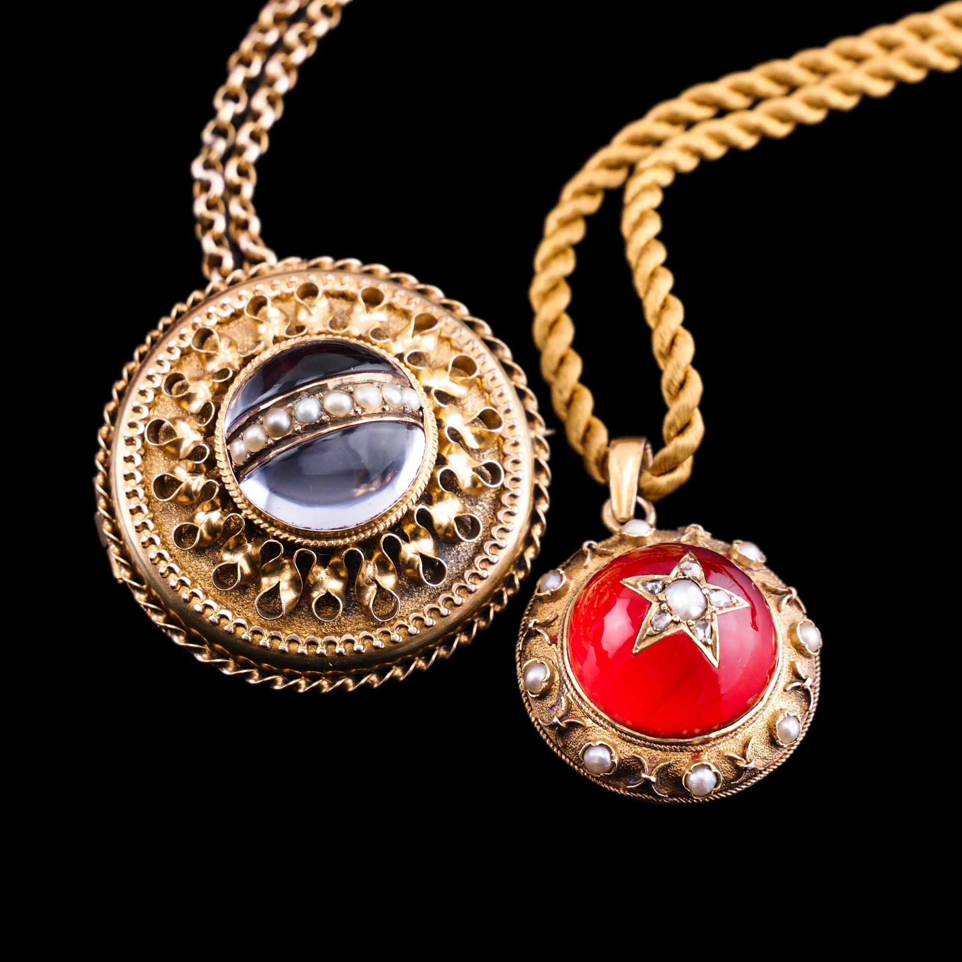 Antique Victorian Diamond & Pearl Star Necklace with Red Rock Crystal Cabochon 15ct Gold - c.1880