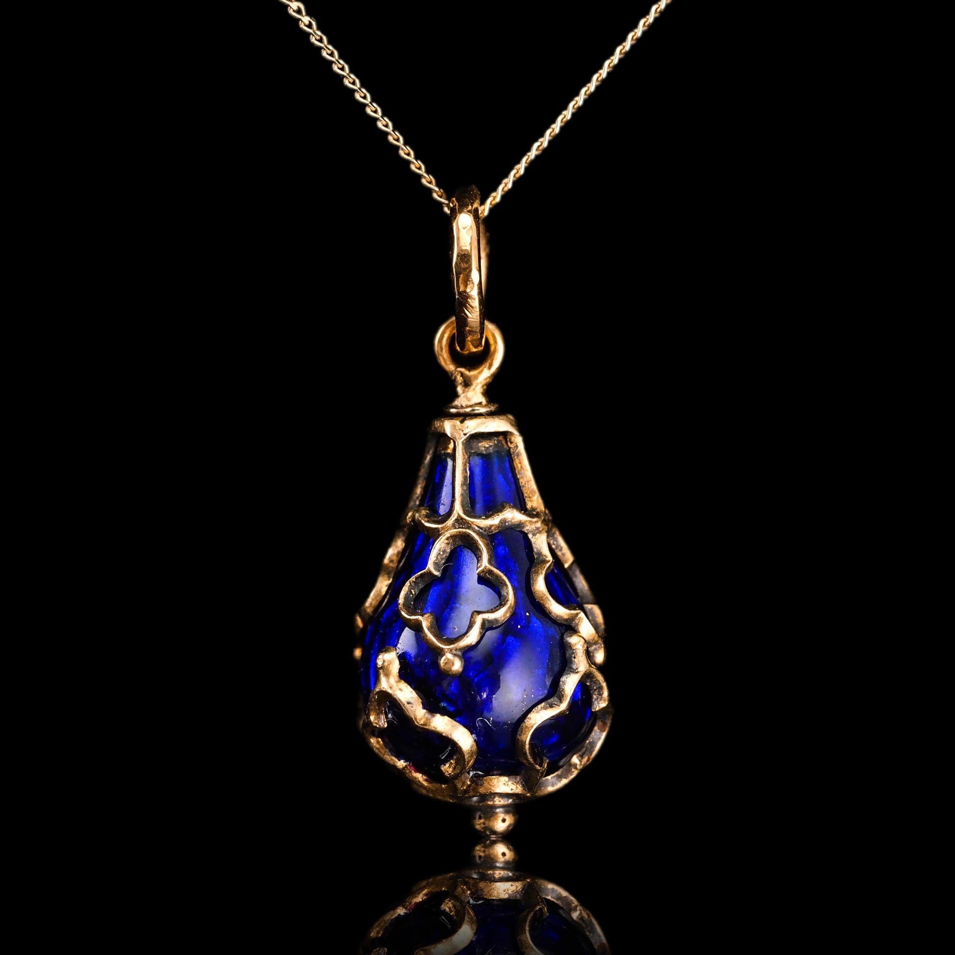 Antique Blue Enamel Guilloche Drop Pendant in 15ct Gold