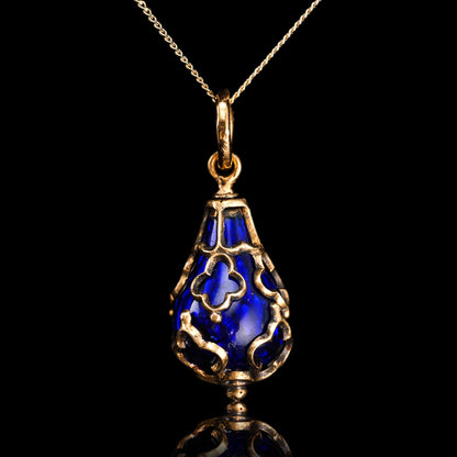 Antique Blue Enamel Guilloche Drop Pendant in 15ct Gold