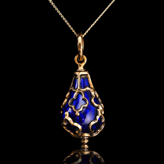 Antique Blue Enamel Guilloche Drop Pendant in 15ct Gold